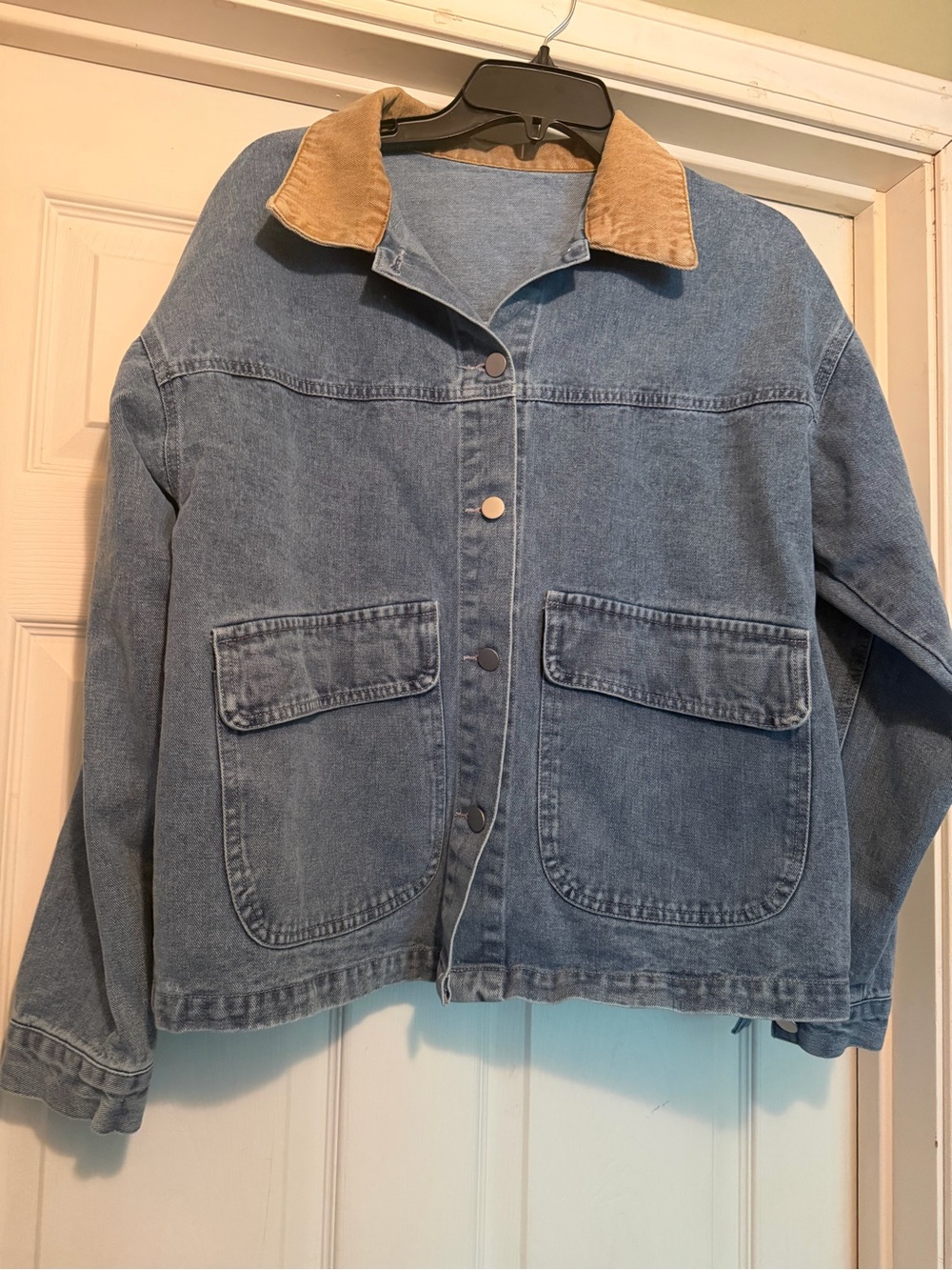 Light Blue Denim Jacket with Contrast Tan Collar - Picture 2 of 6